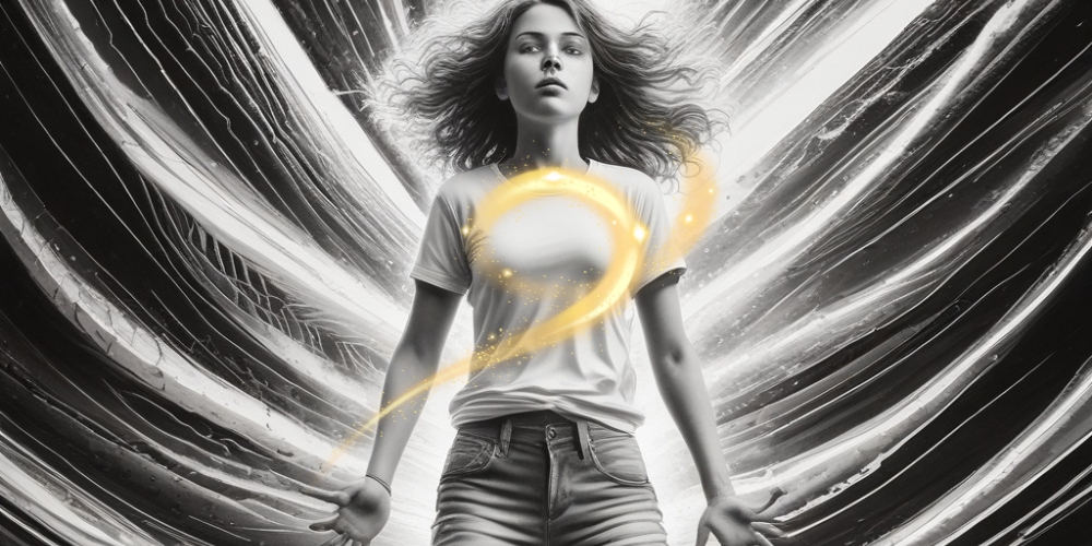 Ein Mädchen mit lockigem Haar trägt ein weißes T-Shirt und steht vor einem dunklen, dynamisch strukturierten Hintergrund mit leuchtend gelbem, magischem Licht, das sich um ihren Oberkörper windet.